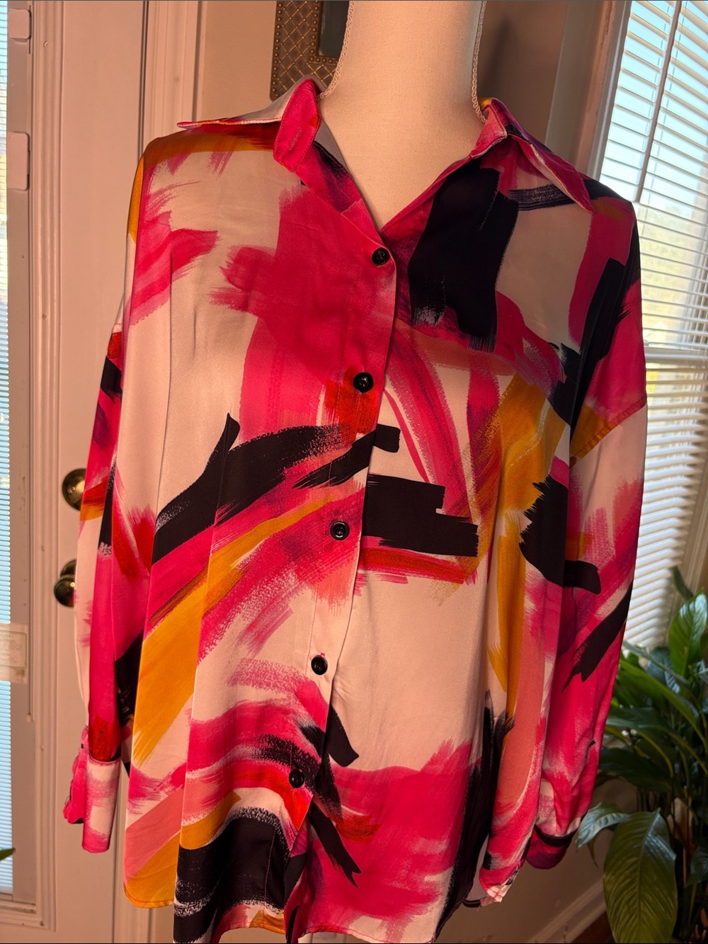 Fashion Nova Pink and Black Abstract Brushstroke Button-Down Shirt